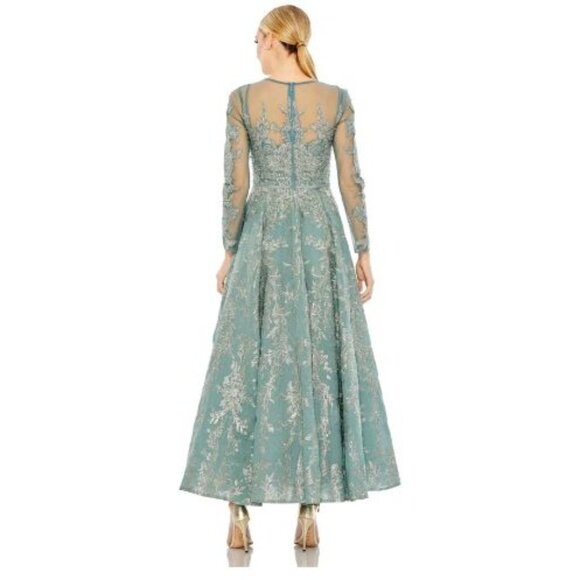 Mac Duggal Size 6 Embellished Bow Belt Illusion Long Sleeve A Line Dress in Jade - Picture 3 of 5
